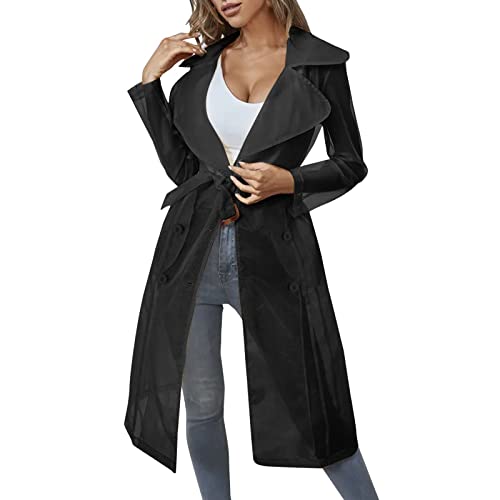 Damen Trenchcoat Mode Durchsichtiger Schnürer Sommer Frühling Solide Durchsichtige Mesh Langarm Knopf Mantel Hemd Oberbekleidung Cardigan Lange Jacke Strandponcho Sommer Große Größen (Black, S) von Generic