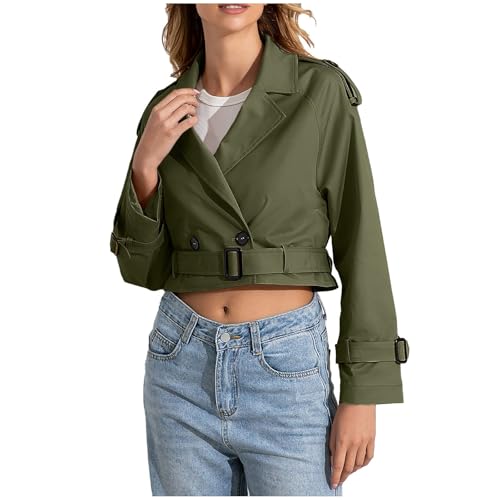 Damen Trenchcoat mit Gürtel, langärmelig, kurz, lässig, Trenchcoat Spitzen Mantel Damen (Green, XS) von Generic
