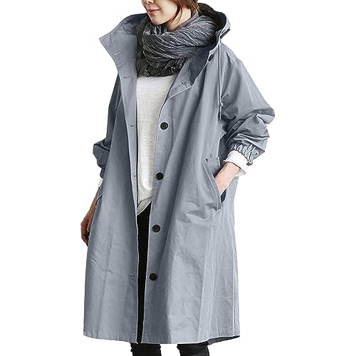 Damen Trenchcoat mit Kapuze Langer Mantel Übergangsjacke Klassische Autumn Frühling Jacke Winddichter Übergangsmantel Solid Trenchcoat Damen Klassische Long Spring Jacke Damen Coat Jacken von Generic