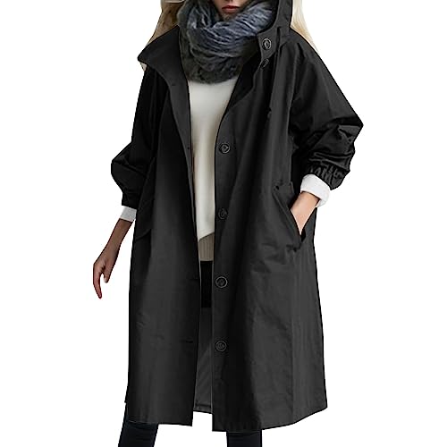 Damen Trenchcoat mit Kapuze Langer Mantel Übergangsjacke Klassische Autumn Frühling Jacke Winddichter Übergangsmantel Solid Trenchcoat Damen Klassische Long Spring Jacke Damen Coat (02-Black, L) von Generic
