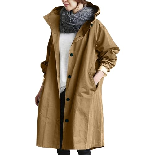 Damen Trenchcoat mit Kapuze Langer Mantel Übergangsjacke Klassische Herbst Frühling Jacke Winddichter Übergangsmantel Solid Trenchcoat Damen Klassische Long Spring Jacke Damen Coat Jacken von Generic