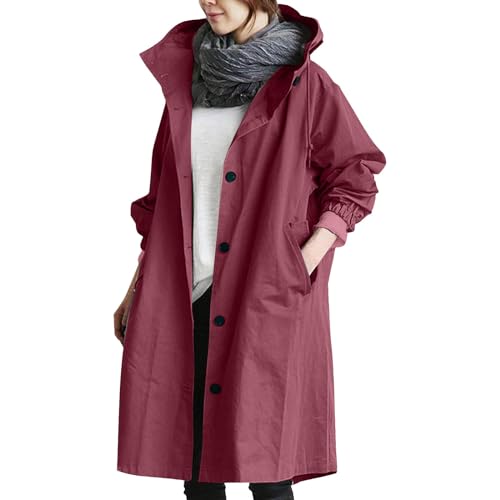 Damen Trenchcoat mit Kapuze Langer Mantel Übergangsjacke Klassische Herbst Frühling Jacke Winddichter Übergangsmantel Solid Trenchcoat Damen Klassische Long Spring Jacke Damen Coat Jacken von Generic