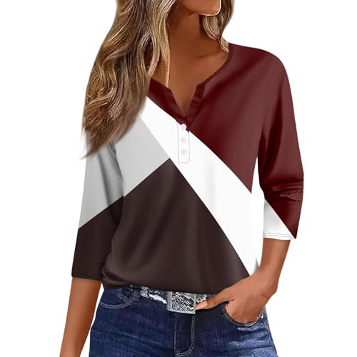 Damen Tshirt,3/4 Arm Tshirt Frühling Sommer Pullover Blusen Leichte Basic Tops Casual Oberteile V-Ausschnitt Knopfleiste Shirt,Rot,XXL von Generic