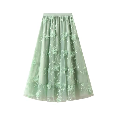 Damen Tüll Midi-Rock Blumen-Stickerei Farbverlauf Mesh-Halbkörperrock A-Linie Fairy Elastische Hohe-Taille Faltenrock Swing Netz Rock Cocktail Prom Urlaub Skirt (hellgrün,Einheitsgröße) von Generic