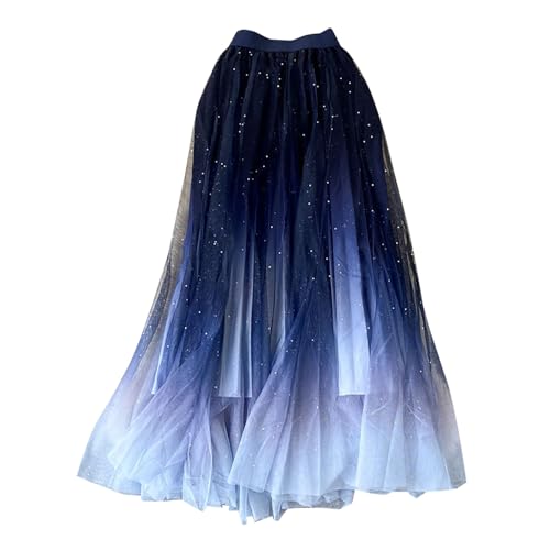 Damen Tüll Midi-Rock Sternenhimmel-Farbverlauf Mesh-Halbkörperrock A-Linie Fairy Elastische Hohe-Taille Faltenrock Paillettenrock Cocktail Prom Urlaub (Blau,XXL) von Generic