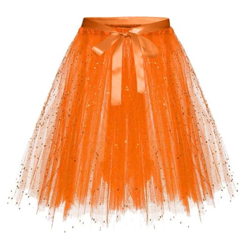 Damen Tüllrock 3 Lage Puffy Tütü Röcke Karneval Prinzessin Falten Rock Tutu Organzarock Petticoat Tüll Ballettrock Unterrock Pettiskirt Faschingskostüm Rockabilly Tanzkleid Kostüm (Orange-2, L) von Generic