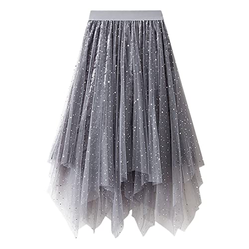 Damen Tüllrock Asymmetrisch Plissiert Elastisch Hohe Taille Geschichtet Tutu Rock Casual Cocktail Party A-Linie Mesh Midi Rock (Grey, One Size) von Generic