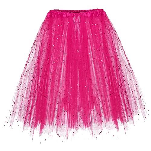 Damen Tüllrock Karneval Tütü Rock 50er Minirock 4 Lagen Pailletten Glitzer Petticoat Tanzkleid Dehnbaren Unterrock Faschingkostüm Ballettrock Petticoat Rockabilly Abendkleid (Hot Pink #1, One Size) von Generic