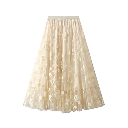 Damen Tüllrock Mesh Midi Faltenrock Hohe Taille Plisseerock Leicht Elegent Einfache Maxirock Doppellagiges durchsichtiges Lang Rock Boho A-Linie Mesh-Chiffon-Faltenrock Mit Blumendekoration von Generic