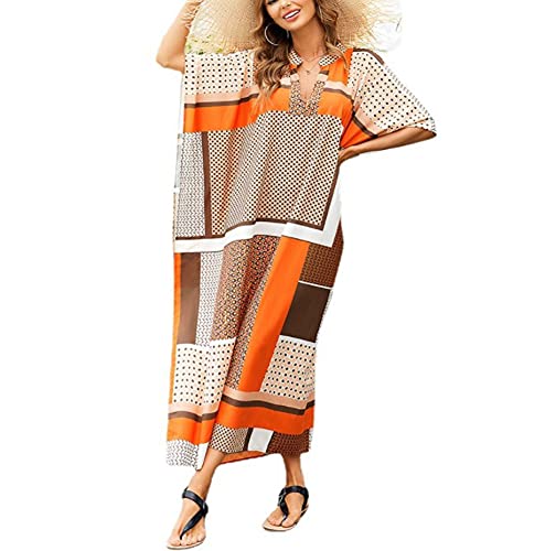 Damen Tunika Strandmode Kaftan Maxikleid Robe Sarong Kaftan V-Ausschnitt Fledermausärmel Strandkleid, Orange, Einheitsgröße von Generic