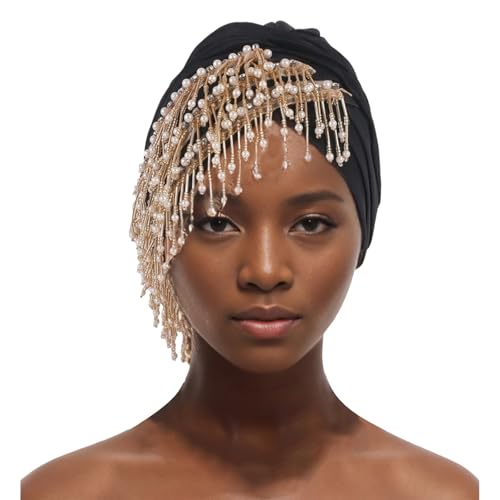 Damen Turban Hut mit Abnehmbarer Kristall Brosche 1920s Vintage Turban Hut Glitzer Elastische Kopf Wraps Accessoires Frauen Quaste Kopfbedeckung Mützen von Generic