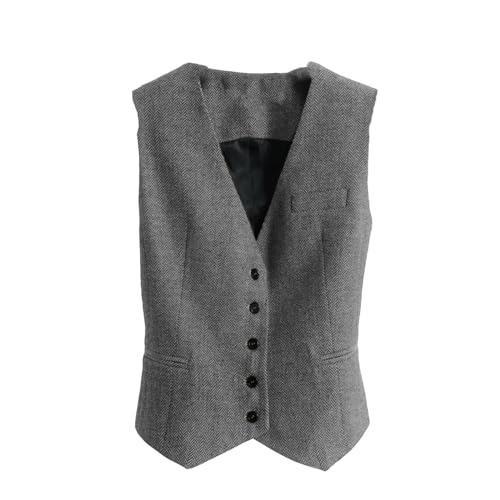 Damen Tweed Weste Mit V Ausschnitt Und Knöpfen Damen Retro Schmale Passform Ärmellose Weste GRAY XL von Generic