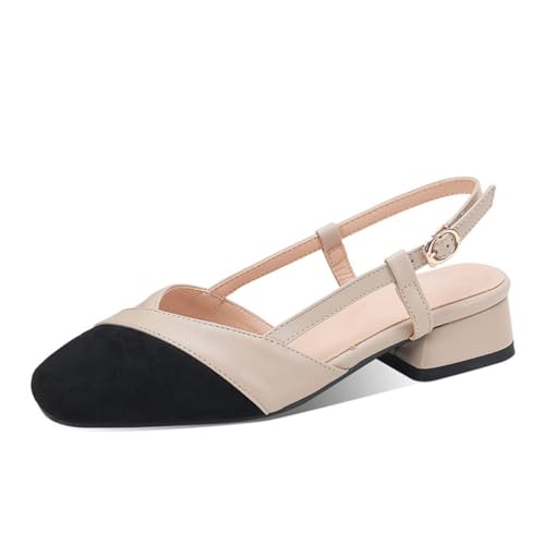 Damen Two - Tone Low Block Heel Sandalen Square - Toe Slingback Pumps Elegante Mary Jane Flats,Beige and Black,43 EU von Generic