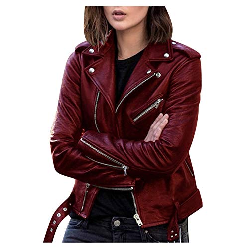 Übergangsjacke für Damen – Cooles Kunstleder Jacke mit langen Ärmeln und Reißverschluss, Herbstmantel, kurze Jacke, warm, große Größe, Burgunderrot, 54 von Generic