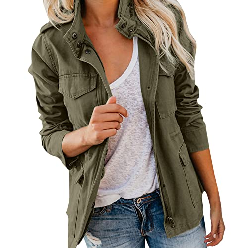 Damen Übergangsjacke Stehkragen Mehr Taschen Utility Jacket Leicht Sommerjacke Boyfriend Parka (M, Armeegrün) von Generic