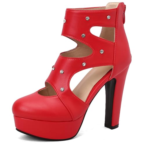 Damen Ultrahoch Plateau Gladiatoren Sandalen Geschlossene Spitze Ausschnitt Reißverschluss Hinten Strass Für Nachtleben & Festlich,Rot,45 EU von Generic