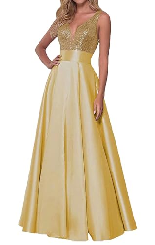 Damen V-Ausschnitt Abschlussballkleider Glitzernde Pailletten Satin Lang Formaler Abend Partykleider Eine Linie Ballkleider Mit Taschen Gold 3XL von Generic