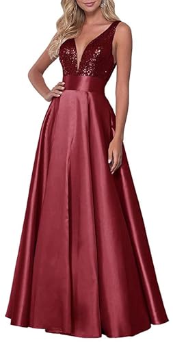 Damen V-Ausschnitt Abschlussballkleider Glitzernde Pailletten Satin Lang Formaler Abend Partykleider Eine Linie Ballkleider Mit Taschen Whole Burgundy XS von Generic