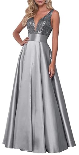 Damen V-Ausschnitt Abschlussballkleider Glitzernde Pailletten Satin Lang Formaler Abend Partykleider Eine Linie Ballkleider Mit Taschen Whole Grey XL von Generic