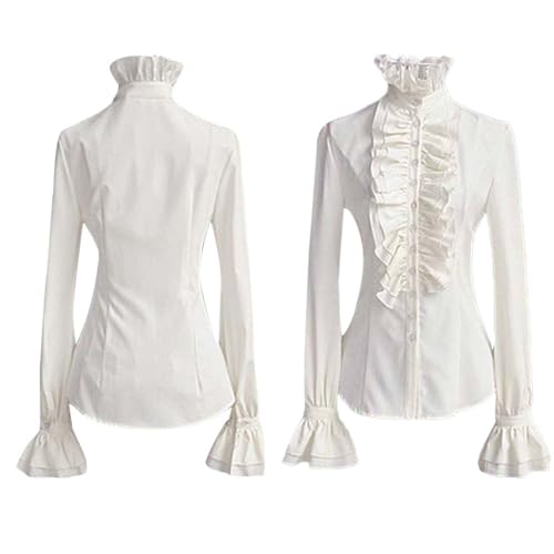 Damen Viktorianisches Hemd Langarm Gothic Bluse Renaissance Vintage Spitze Button Down Top Damen Stehkragen Shirts - Viktorianische Vintage Lolita Rüschenbluse Festliche Oberteile Damen von Generic