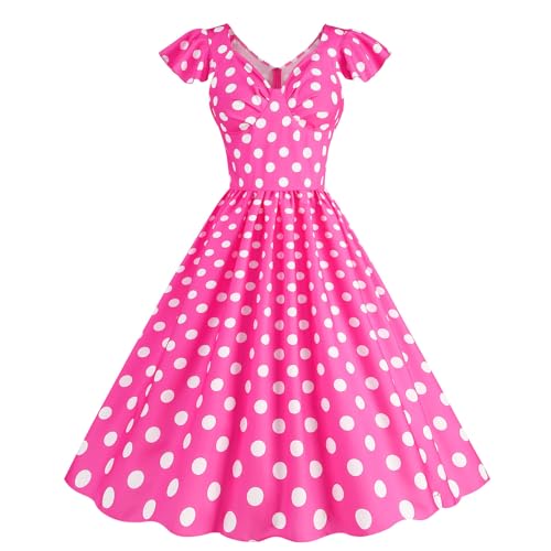 Damen Vintage 50er Dot Einfarbig Rockabilly Swing Kleider Retro Elegantes Abendkleid Hochzeit Gepunktet Kleid Partykleid Polka Dot Coctailkleid Knielang (03-Hot Pink, XXL) von Generic