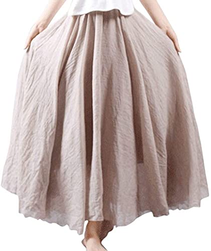 Damen Vintage A Linie Swingrock Einfacher Stil Damen Böhmische Baumwolle Leinen Doppelschicht Elastische Taille Langer Maxirock Einheitsgröße 95 Cm (Color : BEIGE, Einheitsgröße : 95CM) von Generic