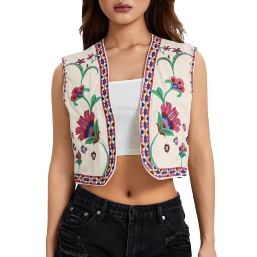 Damen Vintage Blumen Stickerei Kurze Weste Jacke Ärmellose Ethnische Bestickte Weste Traditionelle V-Ausschnitt Boho Westen für Frauen Patchwork Hippie Tops Sommerweste Damen von Generic