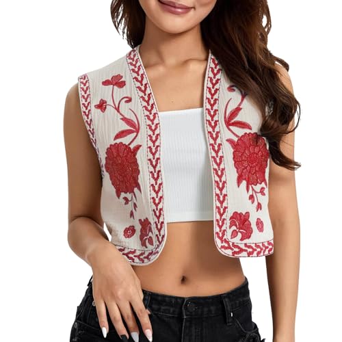 Damen Vintage Blumen Stickerei Kurze Weste Jacke Ärmellose Ethnische Bestickte Weste Traditionelle V-Ausschnitt Boho Westen für Frauen Patchwork Hippie Tops Sommerweste Damen von Generic