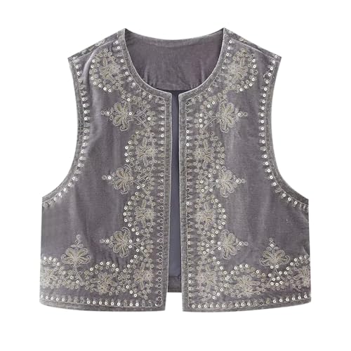 Damen Vintage Blumen Stickerei Kurze Weste Jacke Ärmellose Ethnische Bestickte Weste Traditionelle V-Ausschnitt Boho Westen für Frauen Patchwork Hippie Tops Sommerweste Damen von Generic