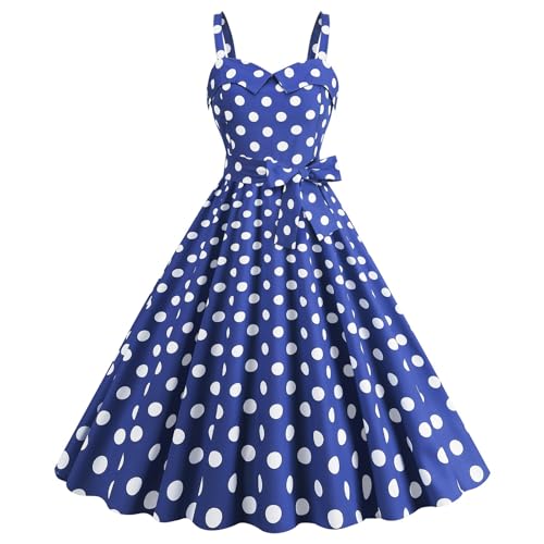 Damen Vintage Cocktailkleid Ärmellos Neckholder Polka Dots Retro Rockabilly Swing Kleid A Linie Faltenrock Knielang Hochzeit Festlich Abendkleid Ballkleid von Generic