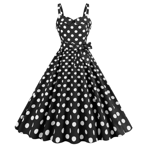 Damen Vintage Cocktailkleid Ärmellos Neckholder Polka Dots Retro Rockabilly Swing Kleid A Linie Faltenrock Knielang Hochzeit Festlich Abendkleid Ballkleid von Generic