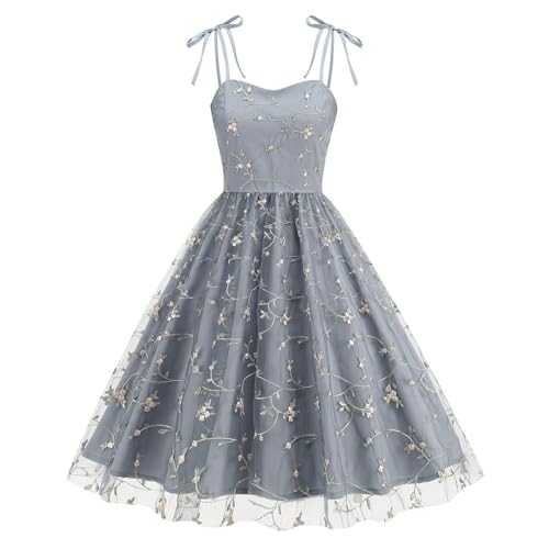 Damen Vintage Elegantes Kleid Sommer Träger Blatt Stickerei Mesh Swing A Linie Cocktailkleider Kleider Eng (Grey, M) von Generic