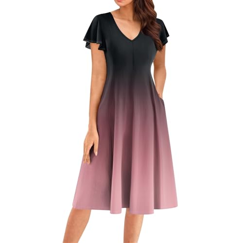 Damen Vintage Kleid, Kleider Damen Elegant V Ausschnitt Freizeitkleid Rüschen Ärmel Lockeres Midikleider A-Linie Lang Freizeitkleid Casual Urlaubkleid mit Taschen C Black M von Generic
