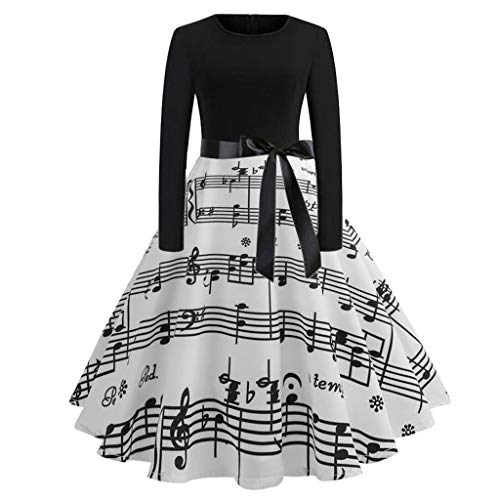 Damen Vintage Kleider Musiknote Hohe Taille Langarm Kleid Swing Kleid Slim A Linie Abendkleid Cocktailkleid von Generic