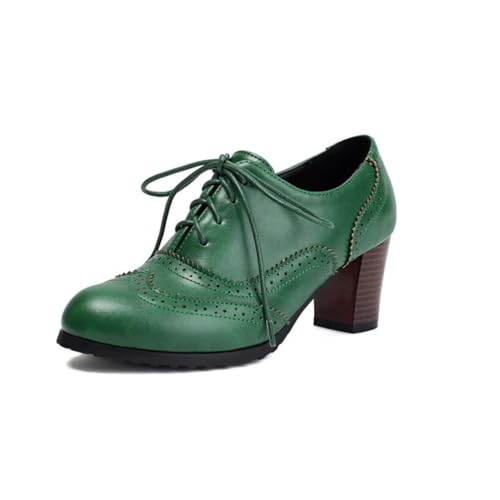 Damen Vintage Leder Flügelspitzen Oxfords Block Chunky Heels Schnürung Brogues Sattelschuhe Runde Zehen Kleid Schuhe,Grün,43 EU von Generic