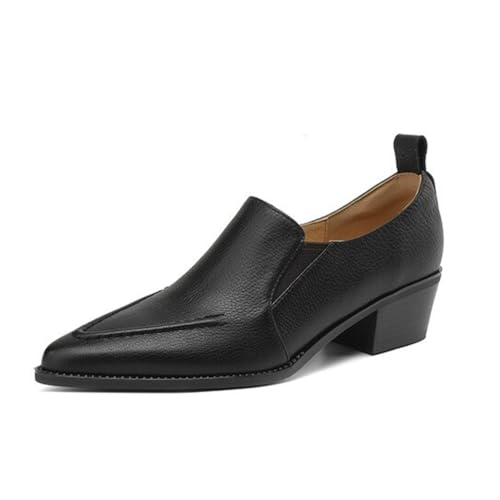 Damen Vintage Leder Loafers Spitz Zehen Niedrige Blockabsätze Zum Hineinschlüpfen PU Leder Obermaterial rutschfeste Sohle Langlebig Büro Freizeit Schuhe,Schwarz,37 EU von Generic