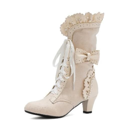 Damen Vintage Mittelhohe Stiefel Spitz Zehen Kittenabsatz Schleife Schnürung Elegante Abend Party Prom Schuhe Hochzeit Besondere Anlässe,Beige,37.5 EU von Generic