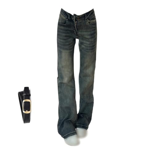 Damen Vintage Schlaghose, Low Rise Slimming Flared Jeans Y2K Style Washed Jeans Mode Loose Flare Bootcut Casual Flares Pants Streetwear Für Den Alltag,Blau,XL von Generic