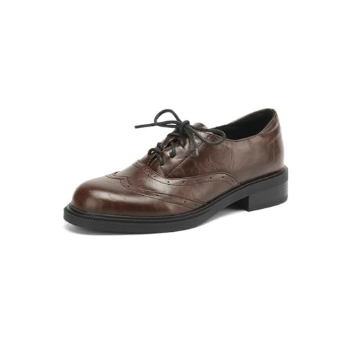 Damen Vintage Schnürschuhe Oxford Schuhe Brogue Wingtip Design Niedrig Chunky Blockabsätze Runde Spitze Leder Kleid Büroschuhe,Braun,38.5 EU von Generic
