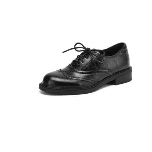 Damen Vintage Schnürschuhe Oxford Schuhe Brogue Wingtip Design Niedrig Chunky Blockabsätze Runde Spitze Leder Kleid Büroschuhe,Schwarz,38 EU von Generic