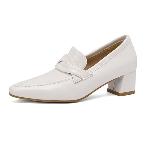 Damen Vintage Slipper Spitze PU Leder Mittlere Blockabsätze Bequem Zum Hineinschlüpfen rutschfest Langlebig Büro Alltag Freizeitschuhe,Weiß,40 EU von Generic