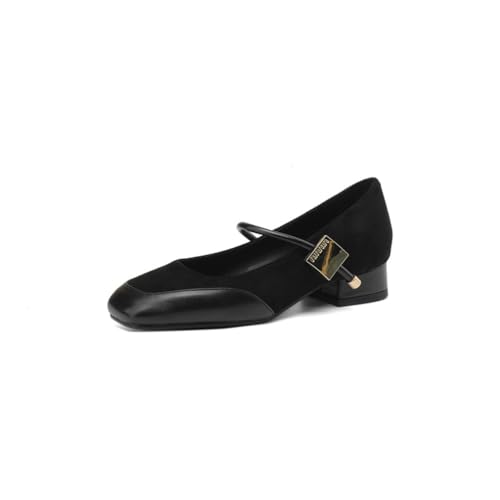 Damen Vintage Square Toe Mary Jane Flats Knöchelriemen Mit Metallakzent Slip on Low Chuny Heels Stilvolle Täglich Casual Büroschuhe,Schwarz,40 EU von Generic