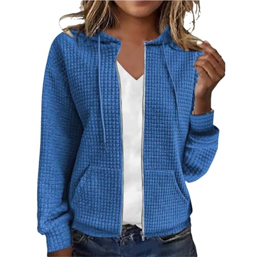 Damen Waffle-Hoodie Mit Kapuze Sommer Sweatjacke - Lang Kapuzenpullover Oversize Leichte Übergangsjacke, Dünne Pullover Full Zip Hoodie Y2K Kapuzenjacke Teenager Mädchen von Generic