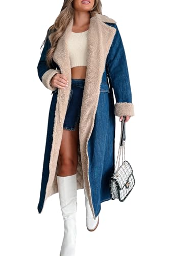 Damen Warm Winter Sherpa Fleece gefüttert Langer Denim Mantel Winddicht Dicker Denim Trenchcoat mit Gürtel (Blau,M) von Generic