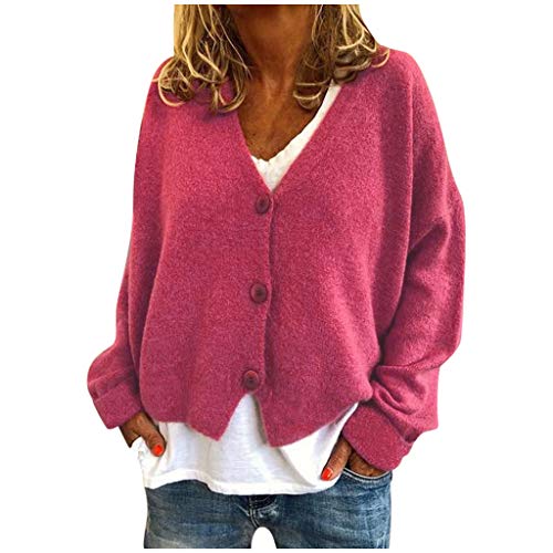 Damen Warme Pullover Top Mäntel Strickjacken Gänseblümchen Druck Langarm Sweatshirt V-Ausschnitt Cropped Elegant Pullover Top Strickjacken für Frauen Übergröße (03B-Hot Pink, M) von Generic