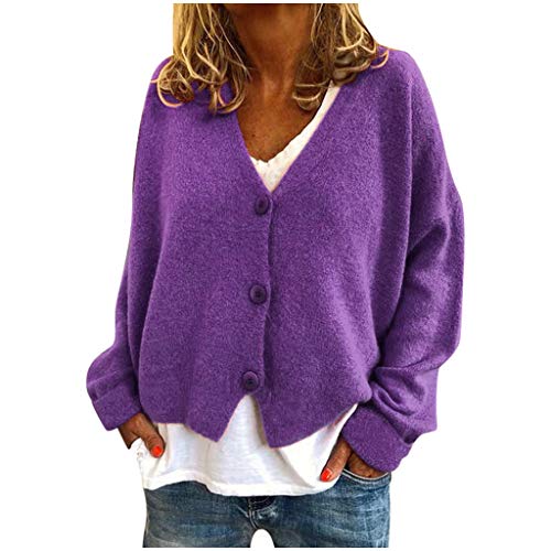 Damen Warme Pullover Top Mäntel Strickjacken Gänseblümchen Druck Langarm Sweatshirt V-Ausschnitt Cropped Elegant Pullover Top Strickjacken für Frauen Übergröße (03B-Lila, L) von Generic