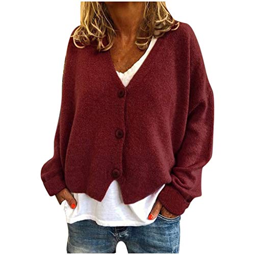 Damen Warme Pullover Top Mäntel Strickjacken Gänseblümchen Druck Langarm Sweatshirt V-Ausschnitt Cropped Elegant Pullover Top Strickjacken für Frauen Übergröße (03B-Wine, M) von Generic