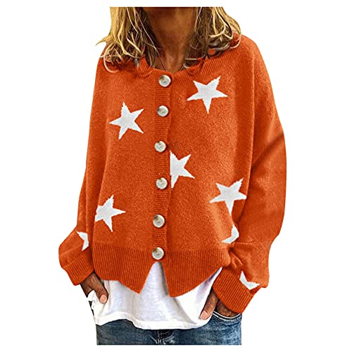 Damen Warme Pullover Top Mäntel Strickjacken Gänseblümchen Druck Langarm Sweatshirt V-Ausschnitt Cropped Elegant Pullover Top Strickjacken für Frauen Übergröße (03D-Orange, L) von Generic