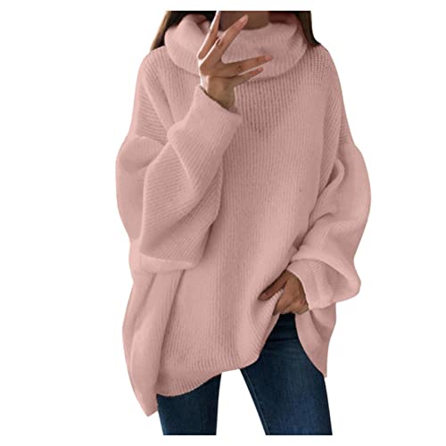 Damen Warme Pullover Tops Block High Neck Pullover für Damen Langarm Strickpullover Feste warme Pullover Tops Strickjacke Altrosa (XL) von Generic