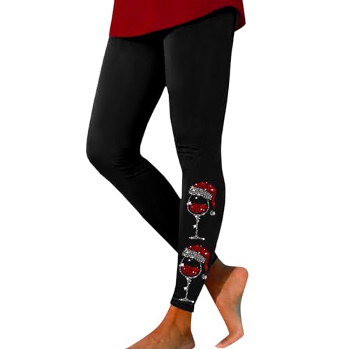 Damen Weihnachten Gemustert Spaß Hässliche Xmas Hüte Weiche Leggings Rote Weinrebe Glas Farbwechsel Festival Urlaub Farbige Strumpfhosen Kompression Weich & Schlank Hohe Taille Yogahose, Schwarz , XL von Generic